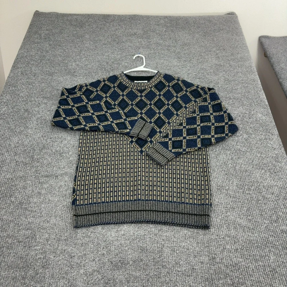 Vintage Ron Chereskin Sweater Mens M Blue Wool Blend Geometric Knit Retro Style